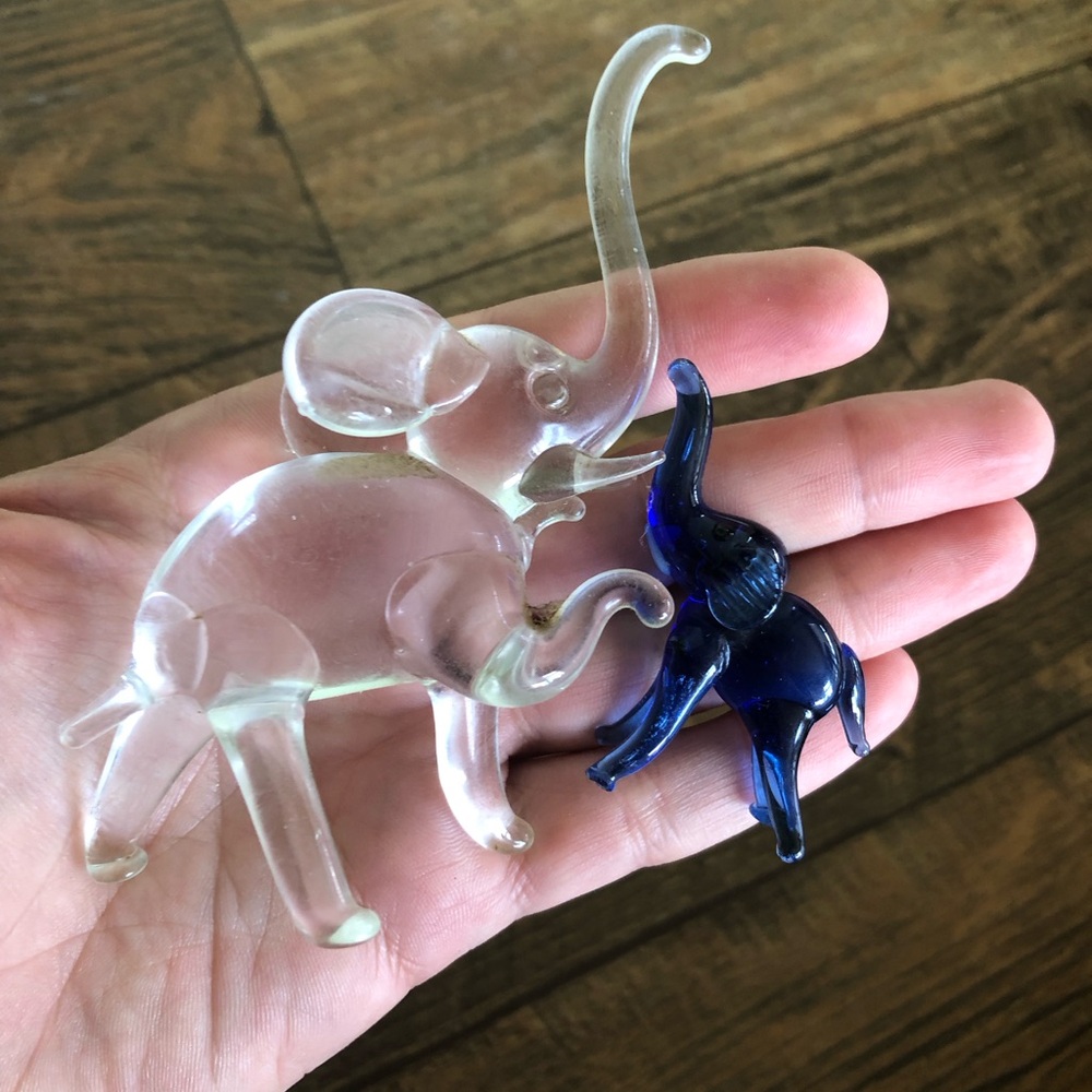 Hand blown Mini Glass Elephant Clear & Blue Elephants, Miniature Exotic 1.5-3.5”